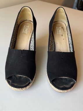 TOMS Black Suede Peep-Toe Espadrille Wedges